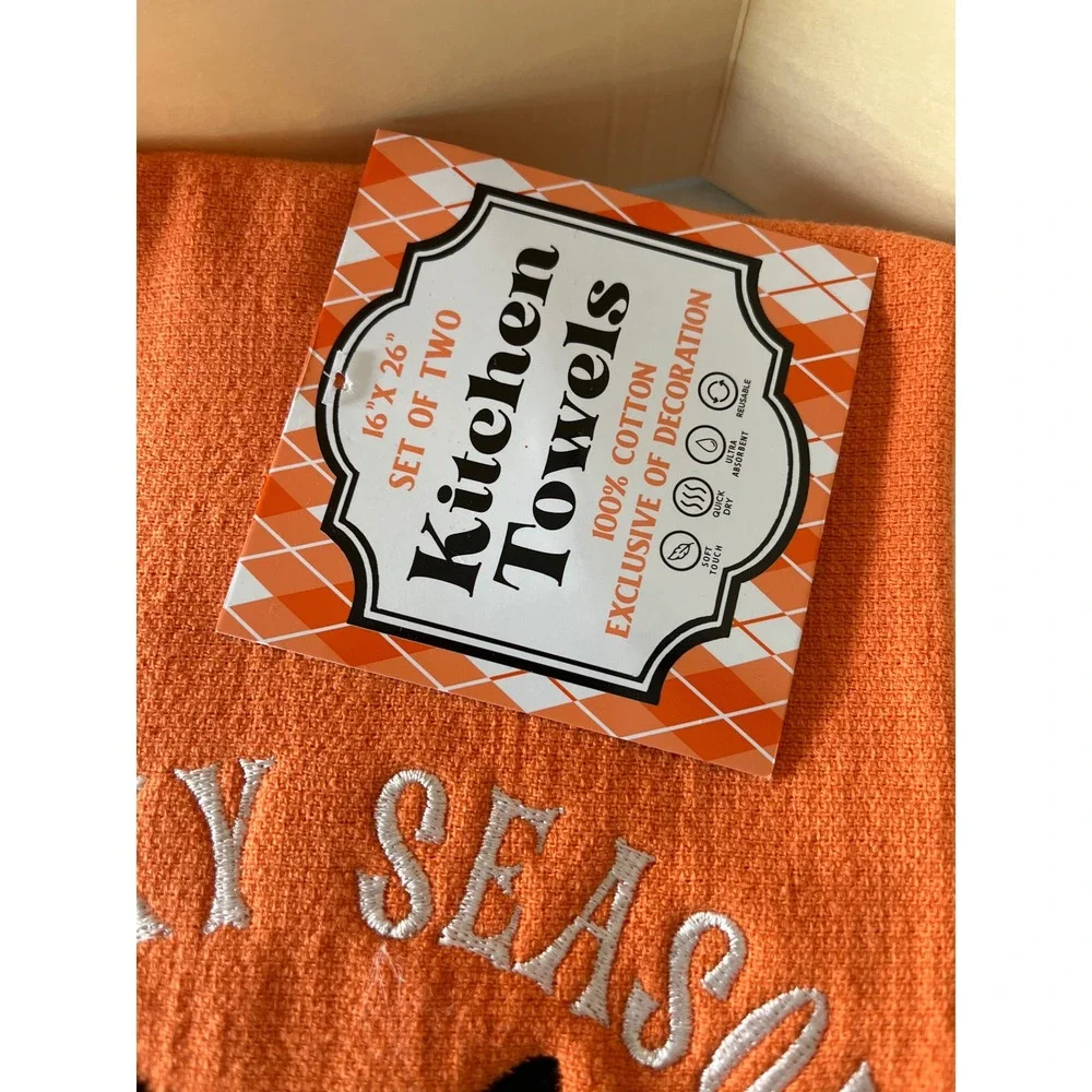 Set of 2 Spooky Season Halloween Kitchen Towels Orange Black Cat Pumpkin Cotton